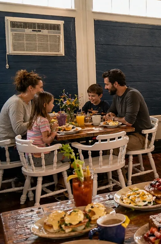 A family of four having breakfast